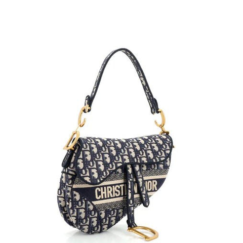 Christian Dior Saddle Handbag Logo Embroidered Oblique Canvas Black Medium - BEAUTY BAR