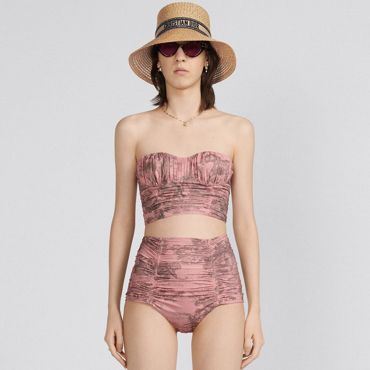 Dior Dioriviera One Piece Strapless Bikini White And Pink Toile De Jouy Technical Fabric 1