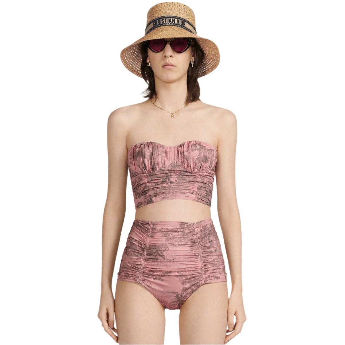 Dior Dioriviera One Piece Strapless Bikini White And Pink Toile De Jouy Technical Fabric 6