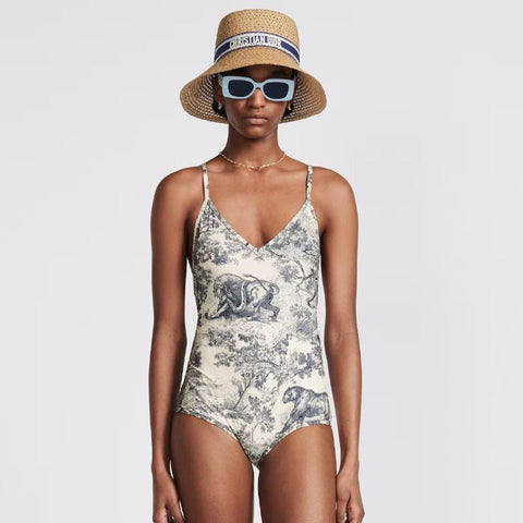 Dior Dioriviera One Piece Swimsuit Brief White And Blue Toile De Jouy Technical Fabric - BEAUTY BAR