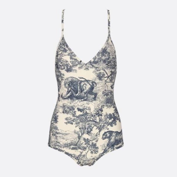 Dior Dioriviera One Piece Swimsuit Brief White And Blue Toile De Jouy Technical Fabric 7