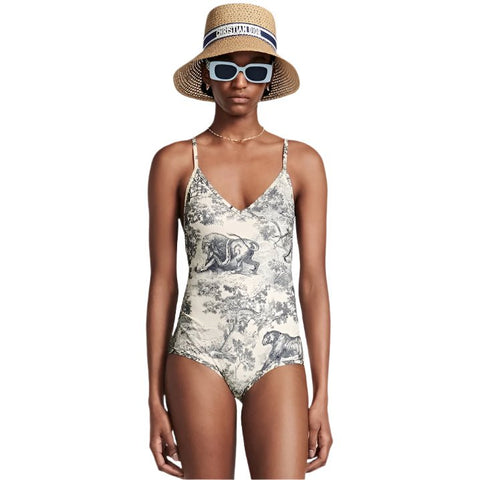 Dior Dioriviera One Piece Swimsuit Brief White And Blue Toile De Jouy Technical Fabric - BEAUTY BAR