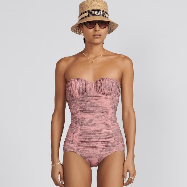 Dior Dioriviera One Piece Swimsuit White And Pink Toile De Jouy Technical Fabric 1