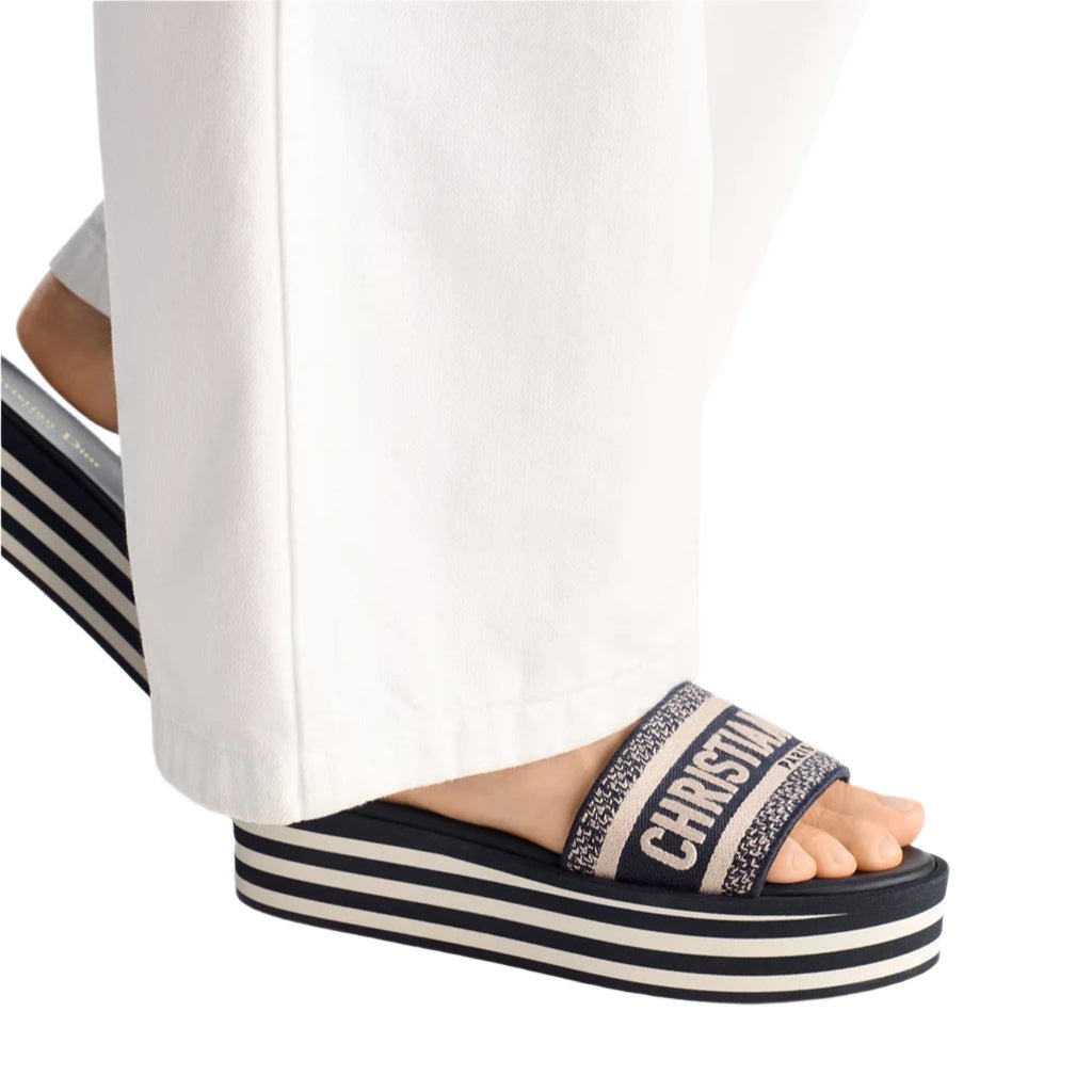 Dior Dway Platform Slide Deep Blue Embroidered Cotton 4