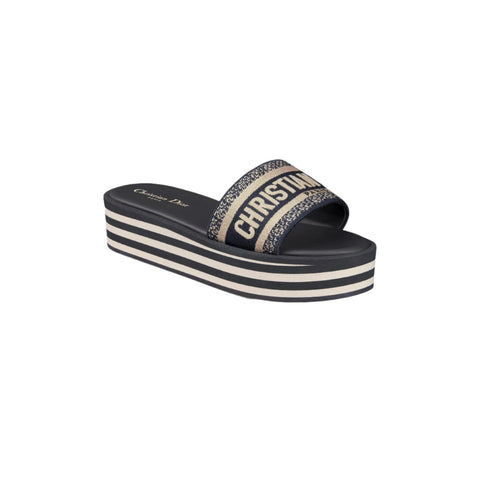 Dior Dway Platform Slide Deep Blue Embroidered Cotton - BEAUTY BAR