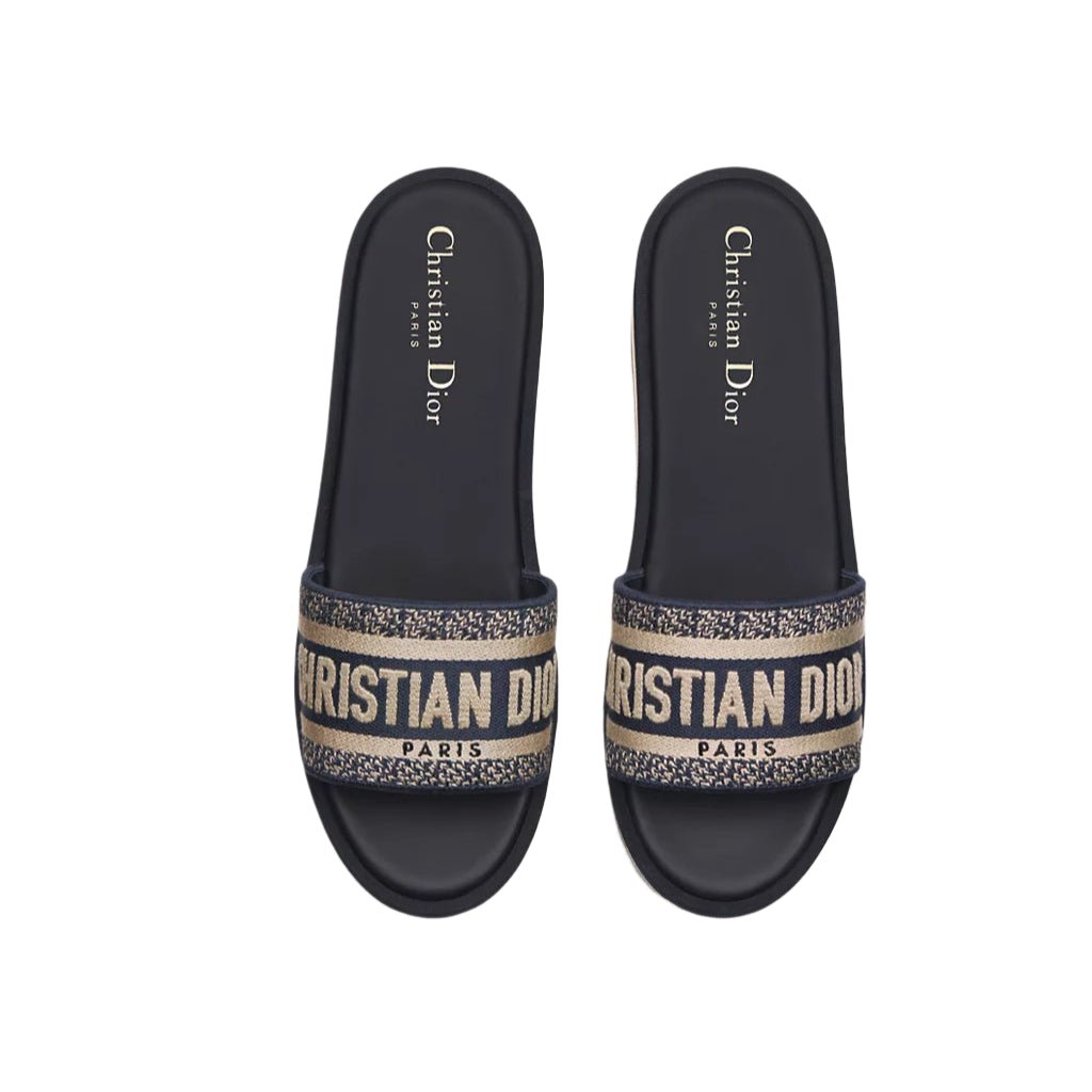 Dior Dway Platform Slide Deep Blue Embroidered Cotton 2