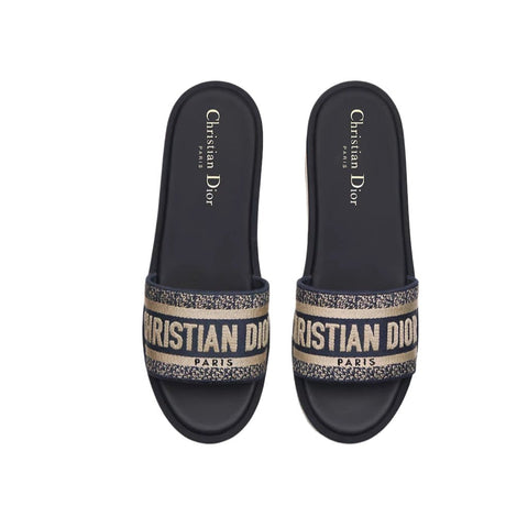 Dior Dway Platform Slide Deep Blue Embroidered Cotton - BEAUTY BAR