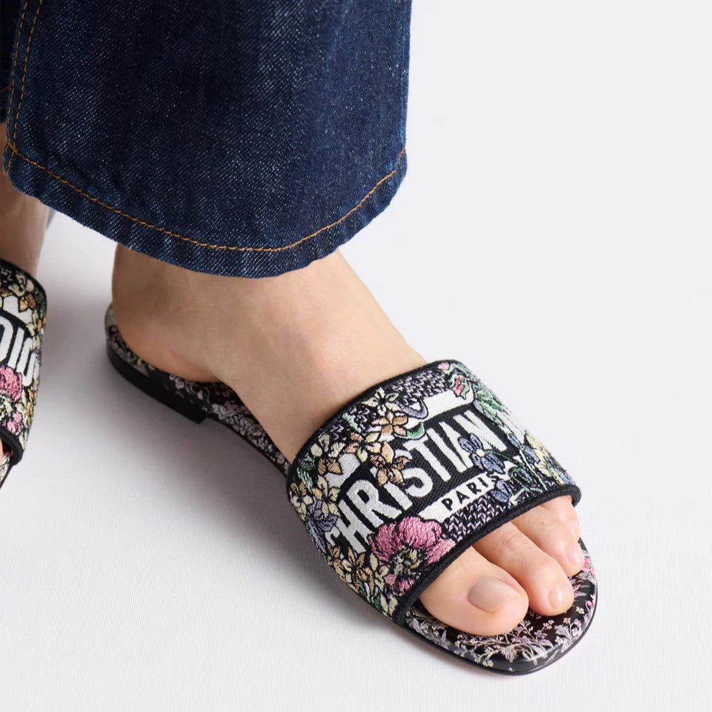 Dior Dway Slide Embroidered Cotton And Black Multicolor Millefiori Unicorn Motif 6