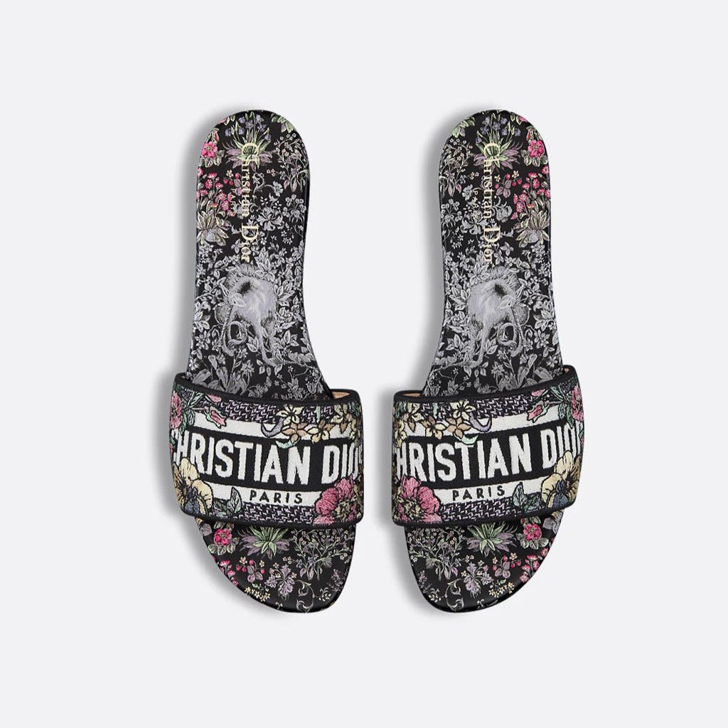 Dior Dway Slide Embroidered Cotton And Black Multicolor Millefiori Unicorn Motif 4