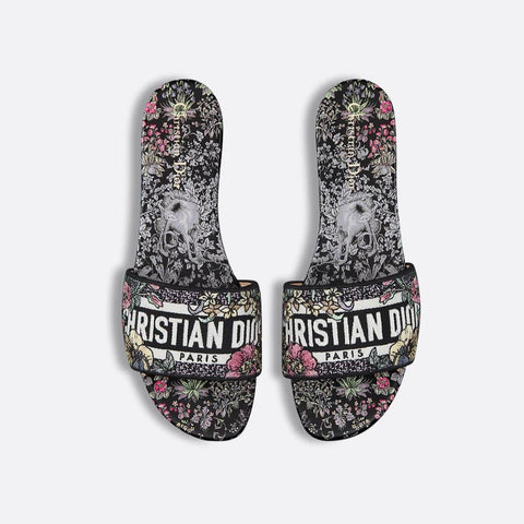 Dior Dway Slide Embroidered Cotton And Black Multicolor Millefiori Unicorn Motif - BEAUTY BAR
