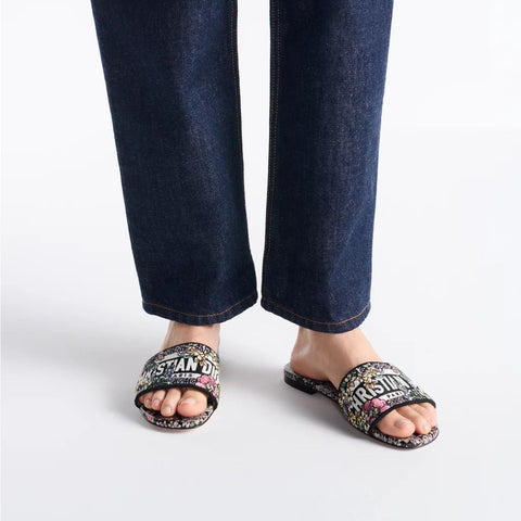Dior Dway Slide Embroidered Cotton And Black Multicolor Millefiori Unicorn Motif - BEAUTY BAR