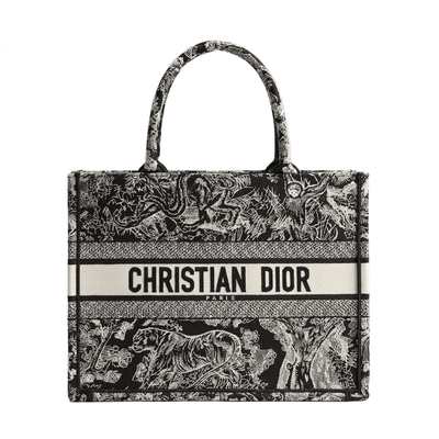 Dior Large Book Tote In Ecru And Black Toile De Jouy Embroidery