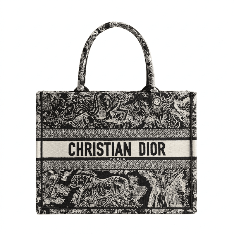 Dior Large Book Tote In Ecru And Black Toile De Jouy Embroidery