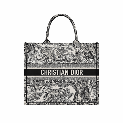 Dior Large Book Tote In Ecru And Black Toile De Jouy Embroidery - BEAUTY BAR