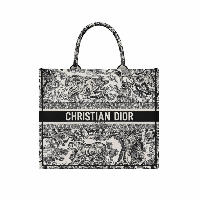 Dior Large Book Tote In Ecru And Black Toile De Jouy Embroidery