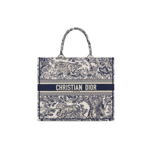 Dior Large Dior Book Tote In Ecru And Blue Toile De Jouy Embroidery