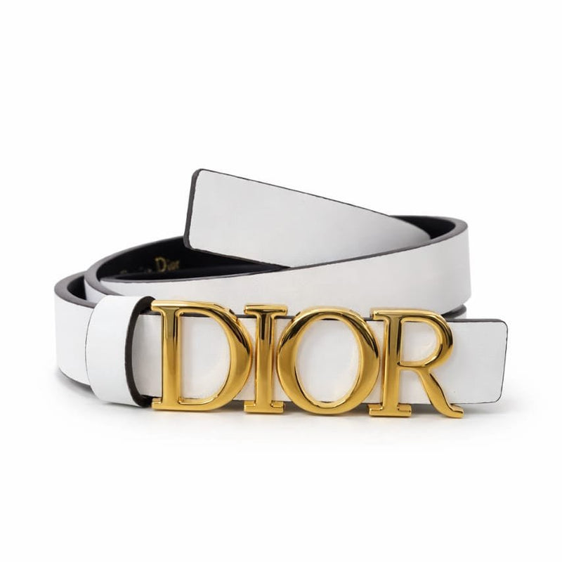 Dior White Leather Belt with Gold Logo Buckle