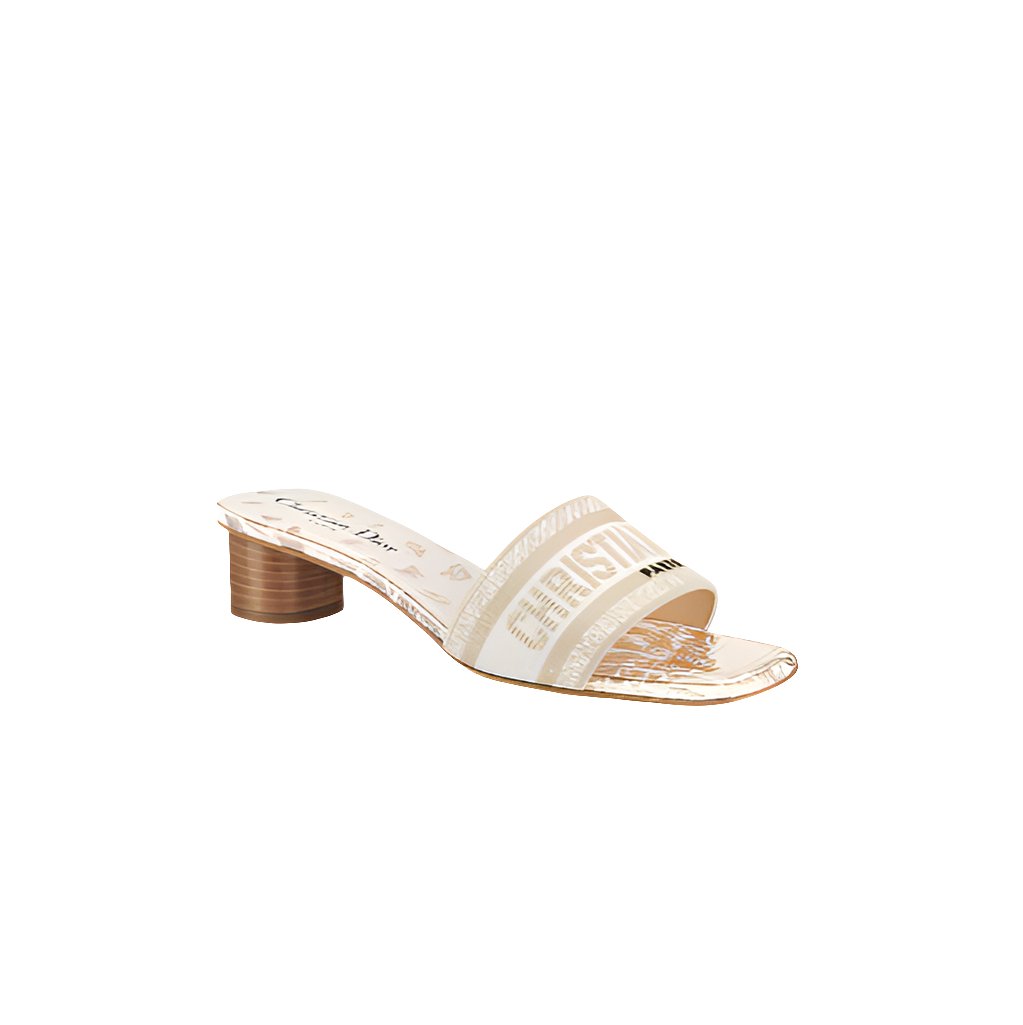 Dway Heeled Slide White And Gold-Tone Gradient Butterflies Embroidered Cotton 1