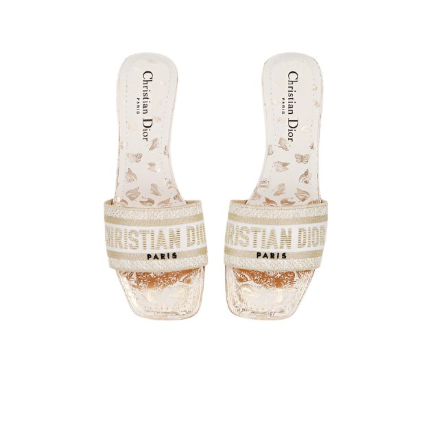 Dway Heeled Slide White And Gold-Tone Gradient Butterflies Embroidered Cotton 3