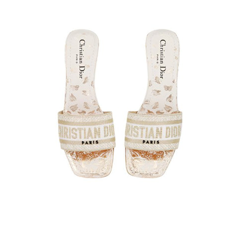 Dway Heeled Slide White And Gold - Tone Gradient Butterflies Embroidered Cotton - BEAUTY BAR