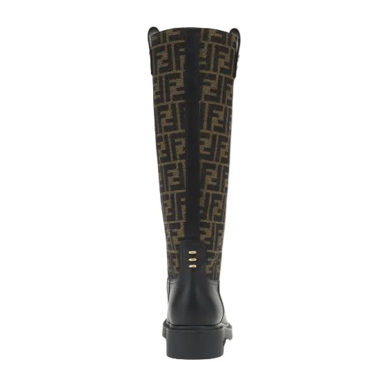 Fendi Filo Black Leather and Brown FF Fabric Boots 3