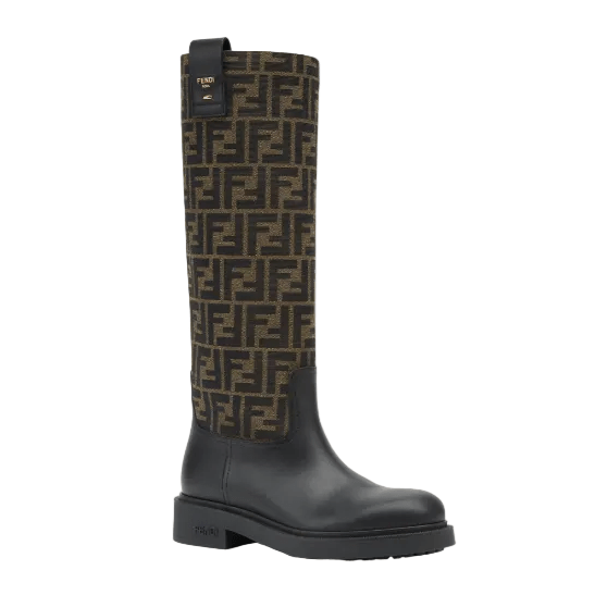 Fendi Filo Black Leather and Brown FF Fabric Boots