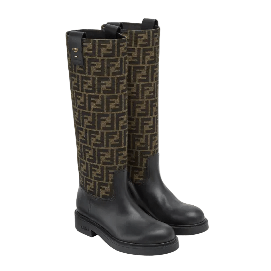 Fendi Filo Black Leather and Brown FF Fabric Boots 4