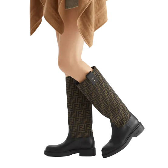 Fendi Filo Black Leather and Brown FF Fabric Boots 5