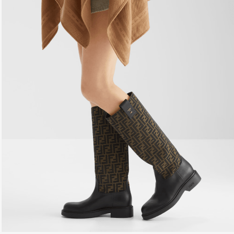 Fendi Filo Black Leather and Brown FF Fabric Boots - BEAUTY BAR