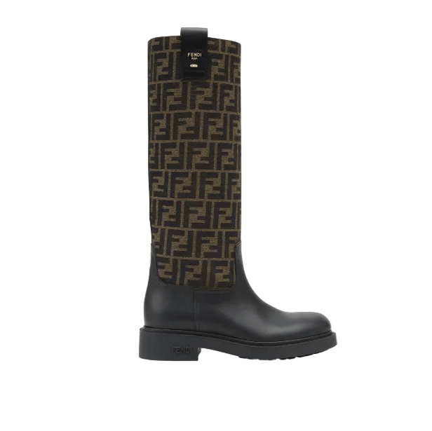 Fendi Filo Black Leather and Brown FF Fabric Boots 2