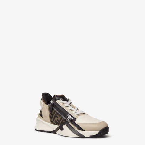 Fendi Flow Sneakers Brown FF Jacquard and Beige Leather Low - Tops - BEAUTY BAR