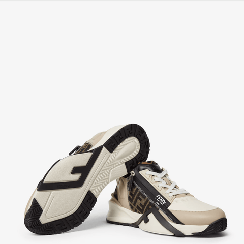 Fendi Flow Sneakers Brown FF Jacquard and Beige Leather Low - Tops - BEAUTY BAR