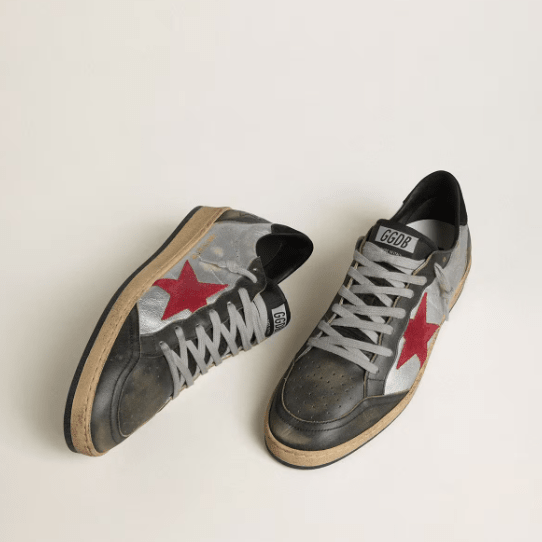 Golden Goose Ball Star LTD In Silver Laminated Leather With Red Suede Star And Black Inserts 2