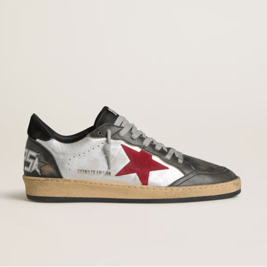 Golden Goose Ball Star LTD In Silver Laminated Leather With Red Suede Star And Black Inserts 1