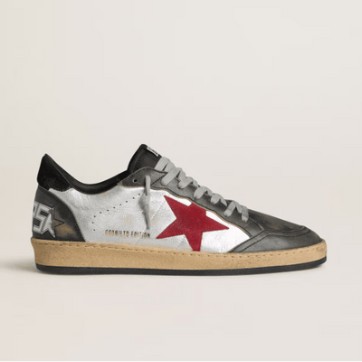 Golden Goose Ball Star LTD In Silver Laminated Leather With Red Suede Star And Black Inserts