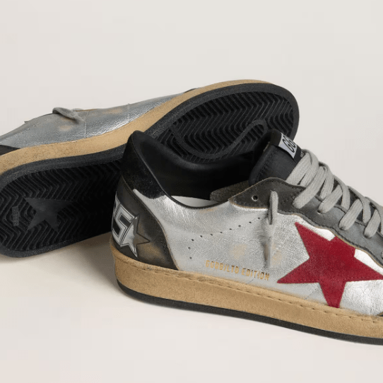 Golden Goose Ball Star LTD In Silver Laminated Leather With Red Suede Star And Black Inserts 4