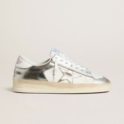 Golden Goose Stardan in Silver Foiled Leather With White Heel Tab