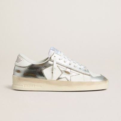 Golden Goose Stardan in Silver Foiled Leather With White Heel Tab