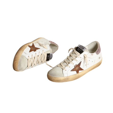 Golden Goose Super - Star With A Tan Star And Pink Glitter Heel Tab - BEAUTY BAR