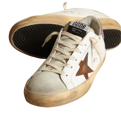 Golden Goose Super - Star With A Tan Star And Pink Glitter Heel Tab - BEAUTY BAR