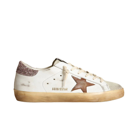 Golden Goose Super - Star With A Tan Star And Pink Glitter Heel Tab - BEAUTY BAR