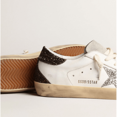 Golden Goose Women's Super - Star With Silver Star and Brown Glitter Heel Tab - BEAUTY BAR