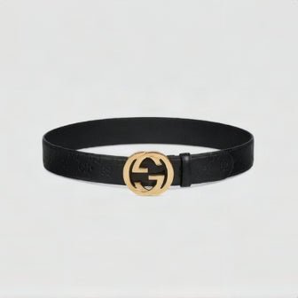 Gucci Black Guccissima Embossed Leather Belt Prominent Gold-Toned Interlocking G Buckle 1