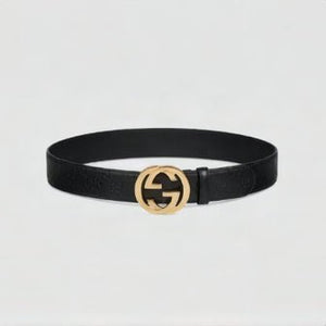 Gucci Black Guccissima Embossed Leather Belt Prominent Gold-Toned Interlocking G Buckle