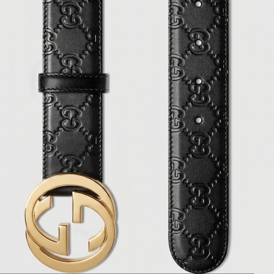 Gucci Black Guccissima Embossed Leather Belt Prominent Gold-Toned Interlocking G Buckle 2