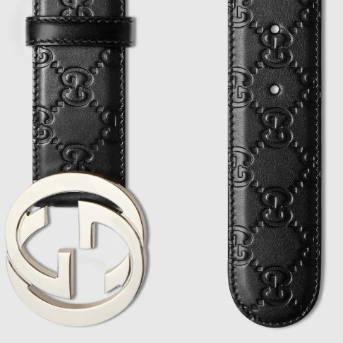 Gucci Black Signature Leather Belt Polished Silver-Toned Interlocking G Buckle 2