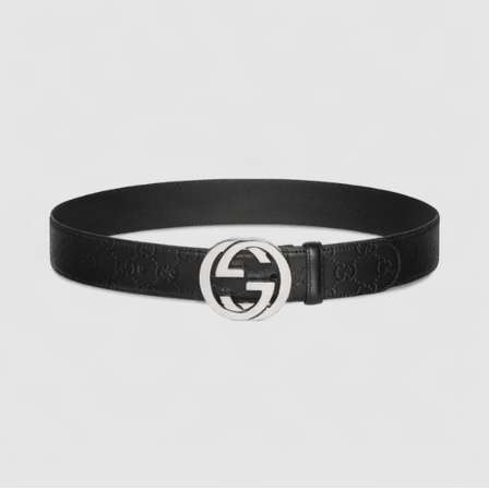 Gucci Black Signature Leather Belt Polished Silver-Toned Interlocking G Buckle 1