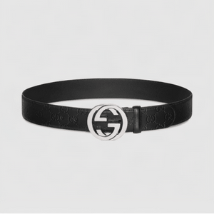 Gucci Black Signature Leather Belt Polished Silver-Toned Interlocking G Buckle