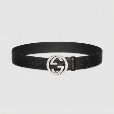 Gucci Black Signature Leather Belt Polished Silver-Toned Interlocking G Buckle