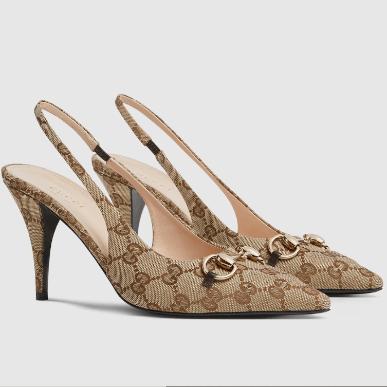 Gucci Bouncing Women’s Slingback Pump With Horsebit | Beige & Ebony GG Canvas Heels 1
